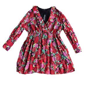 boohoo The Plus Printed Tea Dress Red Floral Flirty Flowers Size 14 Vacation